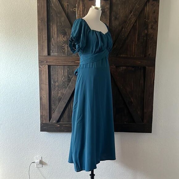 LYANER Women's Off Shoulder Ruffle Wrap Short Puff Sleeve Tie Back Ruched Dress - Picture 6 of 11